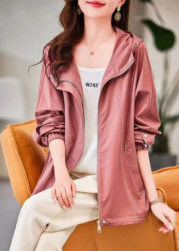 Fresh And Natural Organic Pink Zip Up Pockets Patchwork Cotton Hoodies Outwear Fall