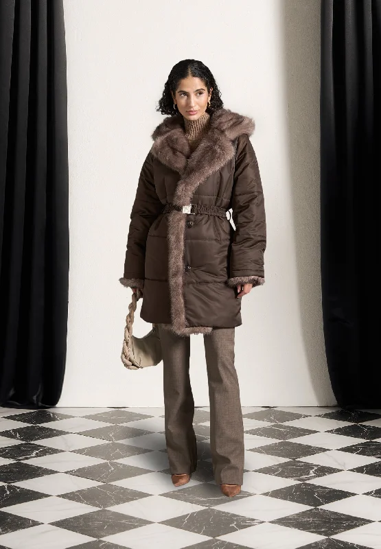 Unique Design Fur Longline Belted Coat - Brown