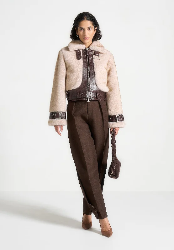 High-end Design Plush & Leather Belted Jacket - Beige/Brown
