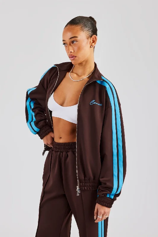 Elegant Tailoring Funnel Neck Blue Taping Zip Through Track Jacket - Chocolate