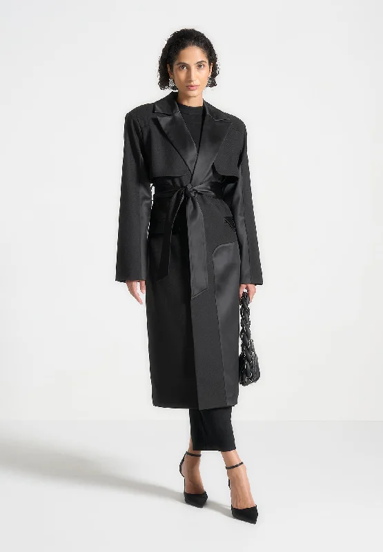 Beautiful Romance Tailored Satin Trench Coat - Black