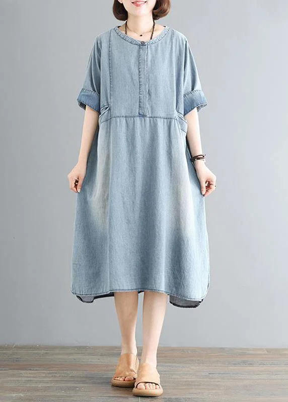 Fashion Style Women Cotton Wardrobes 18th Century Vintage Pure Color Loose Denim Midi Dress