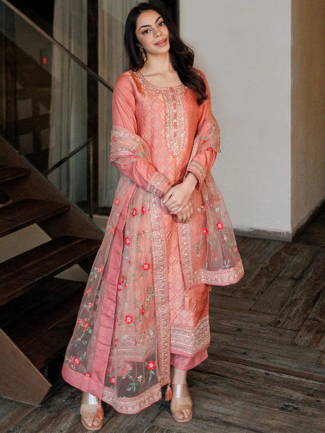 Peach Self Design Silk Blend Straight Kurta With Dupatta