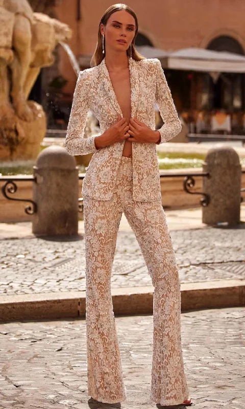 Fresh And Simple Sherri Hill 55907 - Plunging V-Neck Beaded Lace Pantsuit