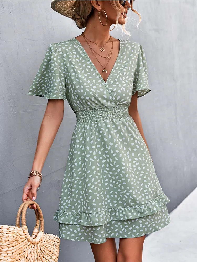 Dessert Matching V Neck Mini Floral Short Lotus Leaf Elegant  Midi Dresses