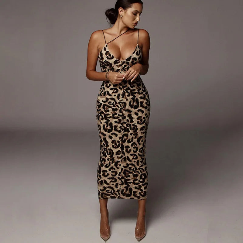 College Style Leopard Print Sleeveless V-neck Sexy Spring Christmas Outfits Midi Dresses
