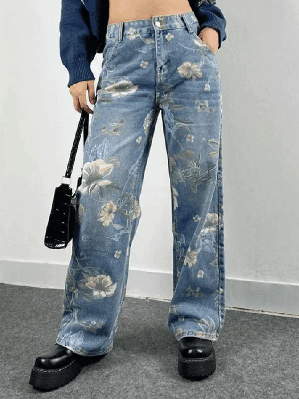 New Autumn And Winter Styles Vintage Floral Baggy Boyfriend Jeans