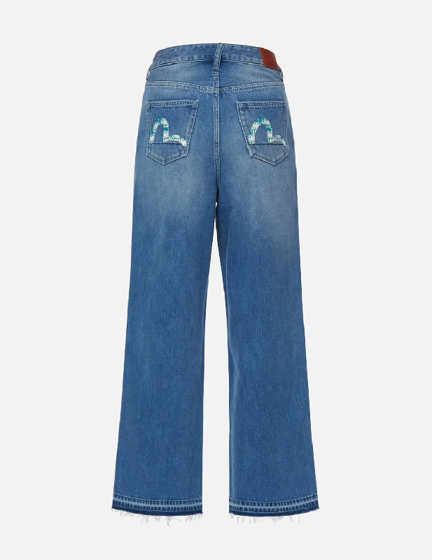 Elegant Style Daruma-pattern Seagull Print High-waist Loost Fit Jeans