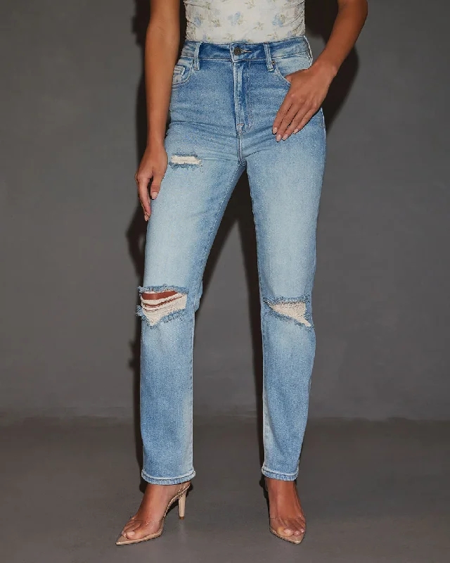 Cool Summer Polly Mid Rise Distressed Straight Leg Jeans