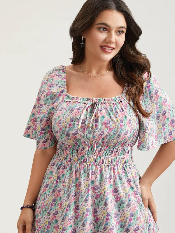 Simple Solid Color Smocked Waist Floral Ties Tiered Maxi Dress