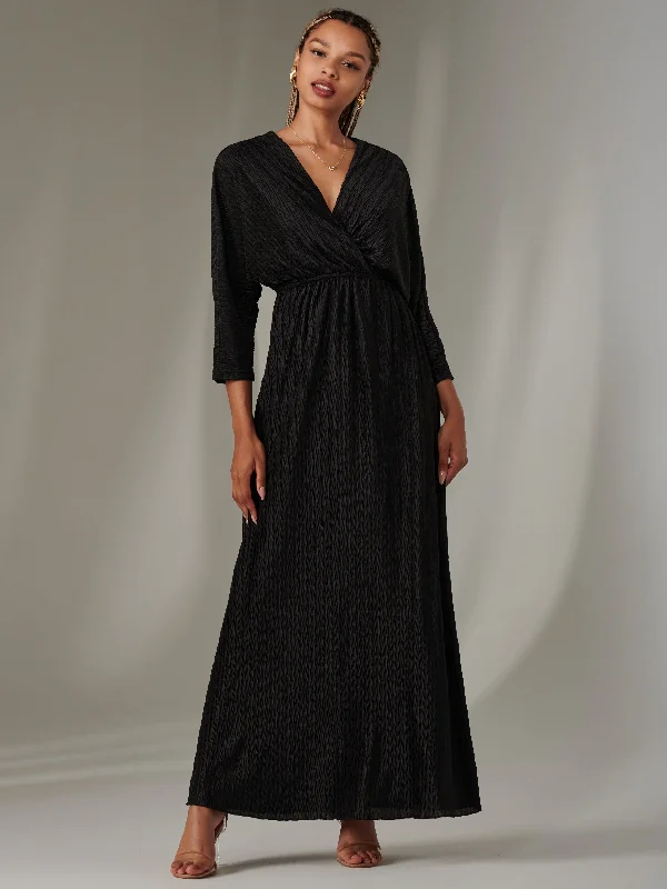Luxury Temperament Ruffle Hem Textured Jersey Maxi Dress, Black