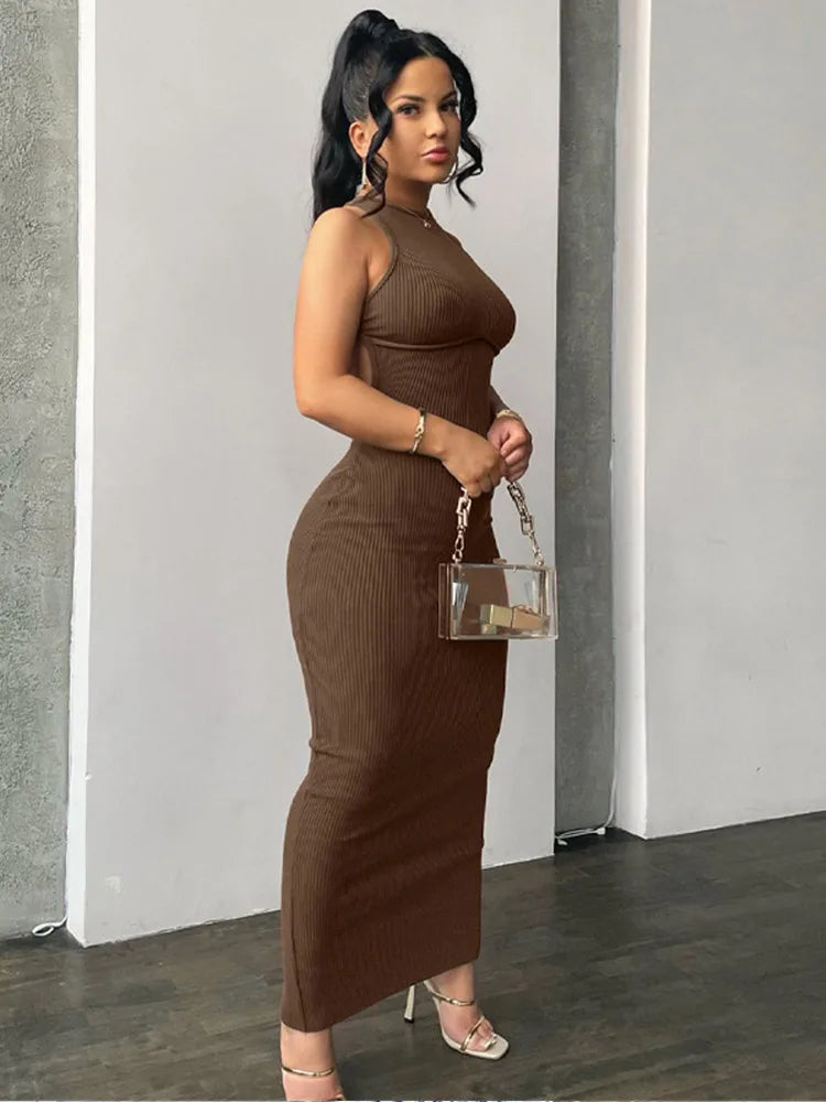 Trendy Items Ribbed Hollow Backless Sleeveless Sexy Slit Mini Elegant Y2K Midi Dresses
