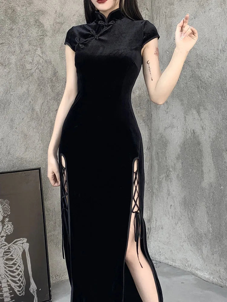 Simple Solid Color Romantic Gothic Aesthetic Vintage Black Sexy Evening Cheongsam Midi Dresses