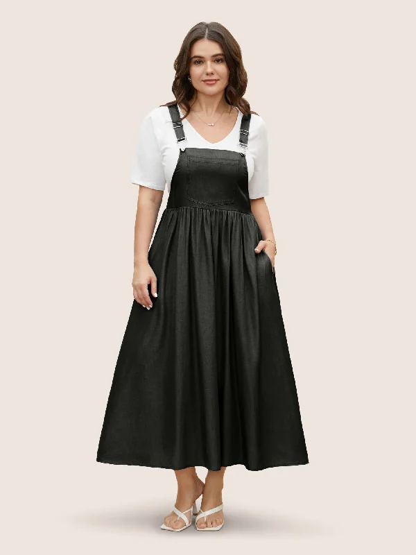 Elegant And Casual Denim Effect Prin Gathered Patched Pocket Dress