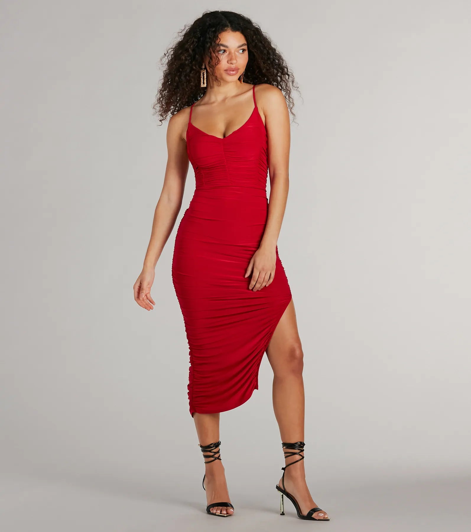 Slim Fit Sultry Status High Slit Ruched Bodycon Midi Dress