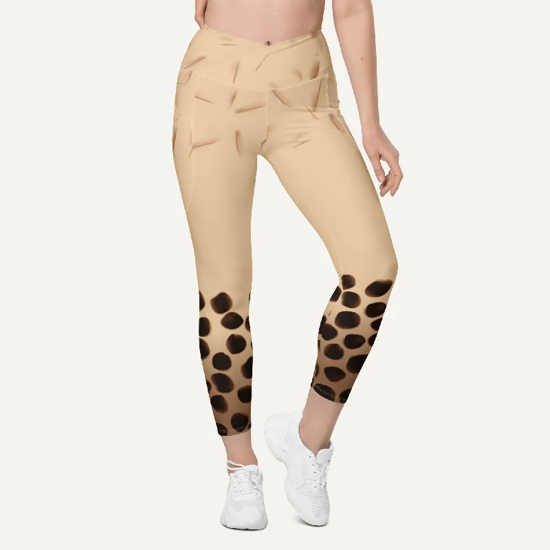 Minimalism Boba Milk Tea Crossover Leggings With Pockets