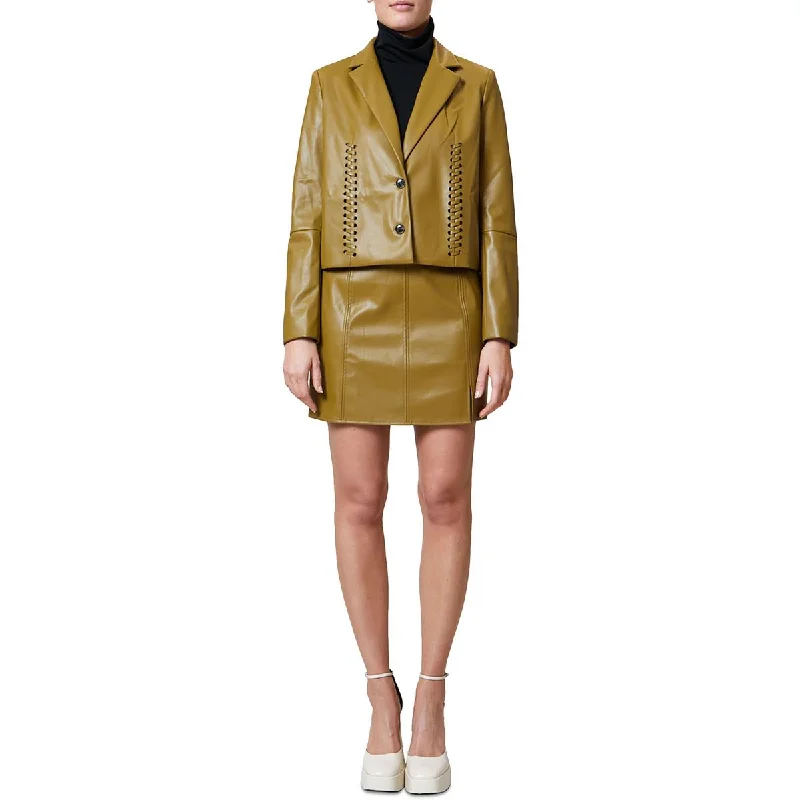 Design Perception French Connection Womens Crop Faux Leather Two-Button Blazer