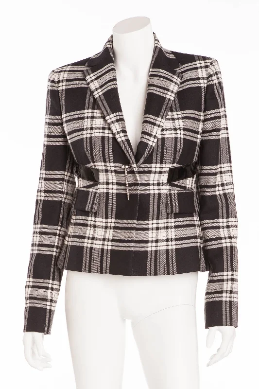 Embroidered Letters Versace - Patent Leather Trim Plaid Wool Twill Blazer  - IT 42