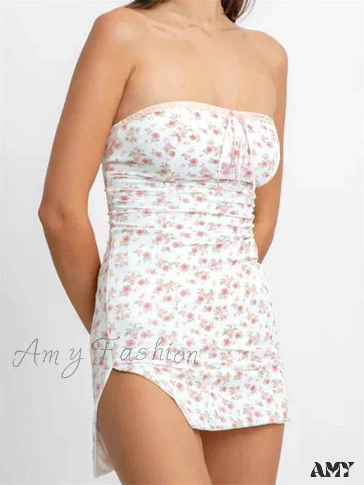 French Style Amy Fashion - Strapless Off Shoulder Fairy Floral Print Backless Mini Dress