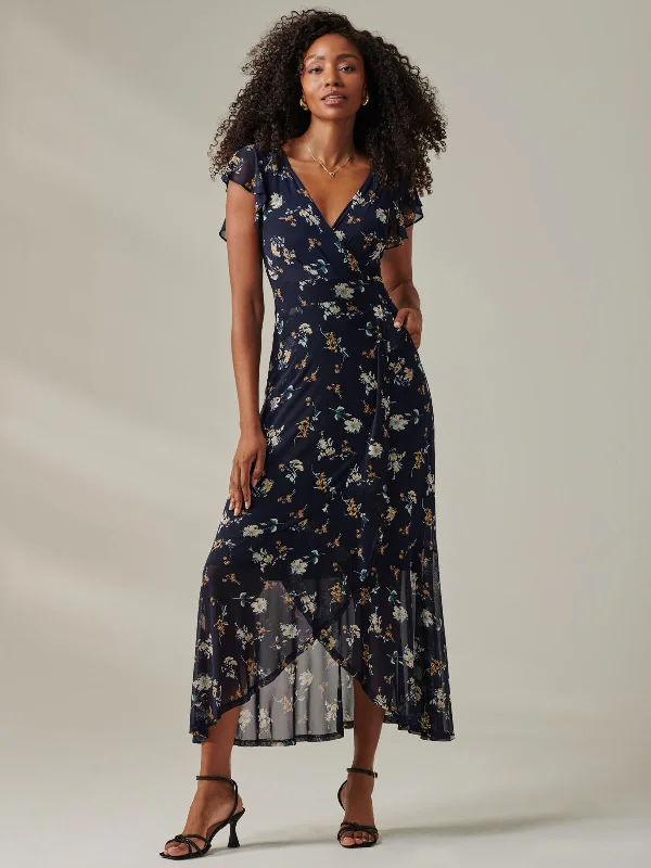 Casual Style Heleyna Ruffle Hem Mesh Maxi Dress, Navy Floral
