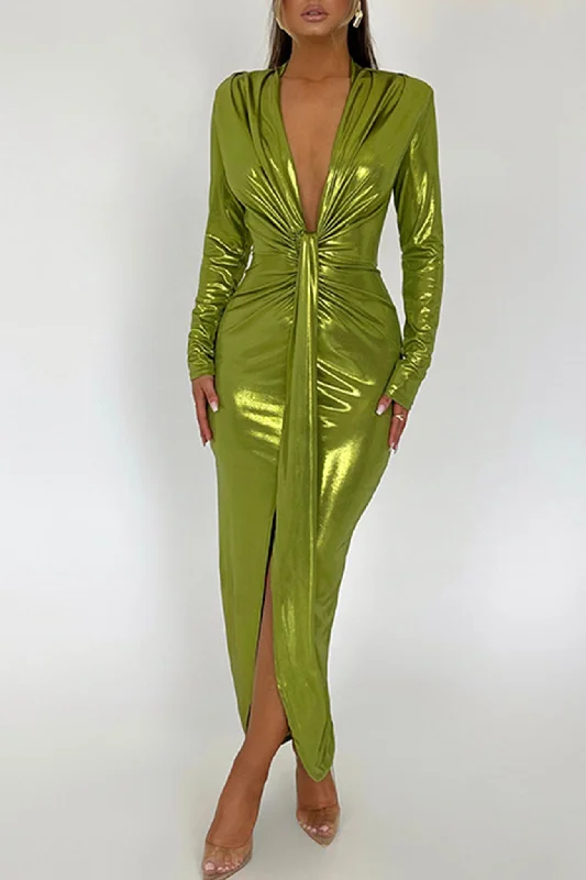 Ethnic Style Glossy V Neck Ruched Slit Dress
