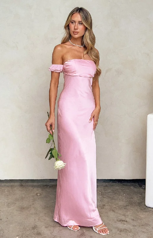 Feminine Charm Elvira Pink Satin Formal Maxi Dress