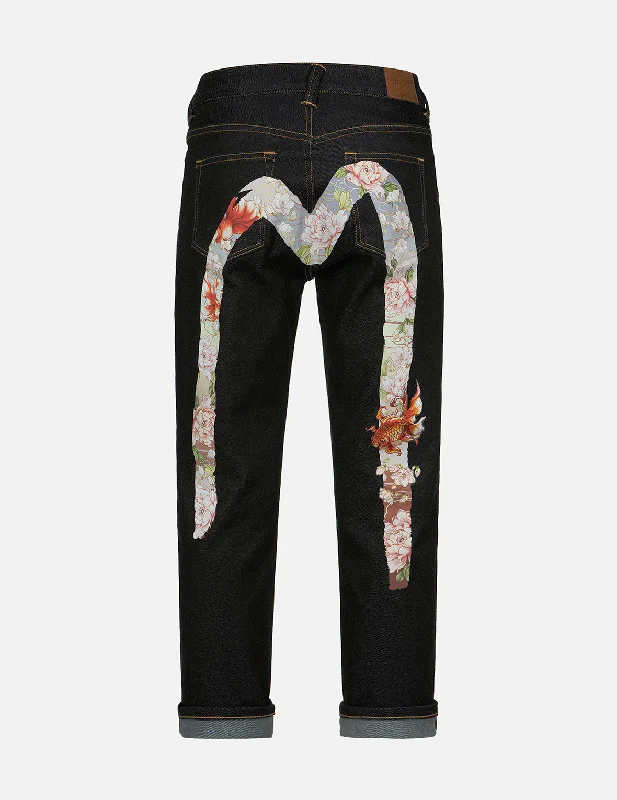 Advanced Customization Embroidery Goldfish and Floral Flow Brushstroke Daicock Print Boyfriend Jeans
