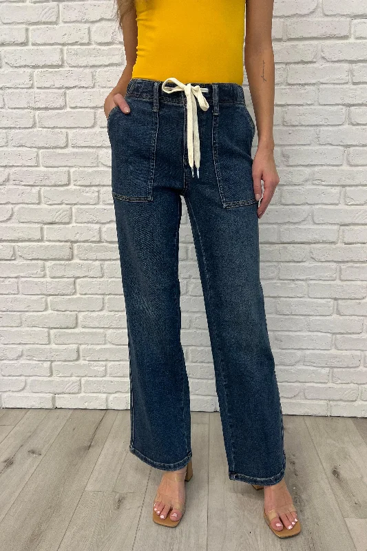Simple And Comfortable Melanie High Rise Drawstring Wide Leg Jeans
