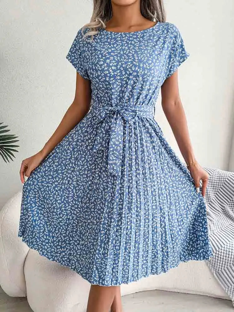 Sexy Fun Floral Pleated A Line Long Spring Short High Chic  Midi Dresses