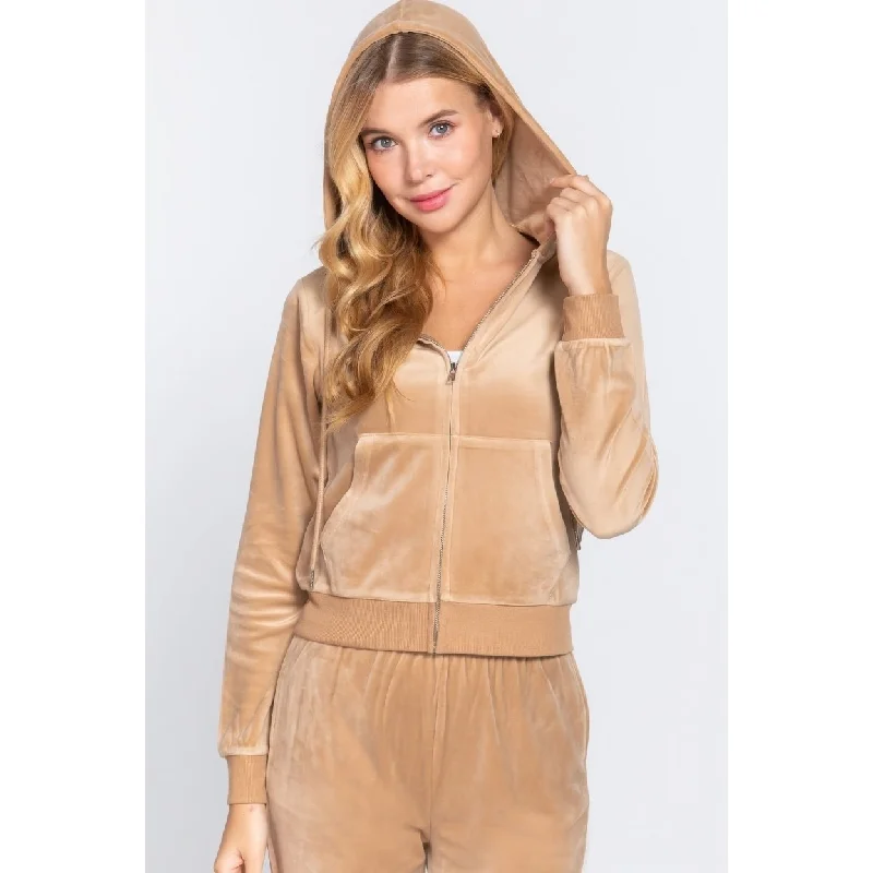 Casual And Comfortable Long Sleeve Velour Hoodie Zip Up Jacket