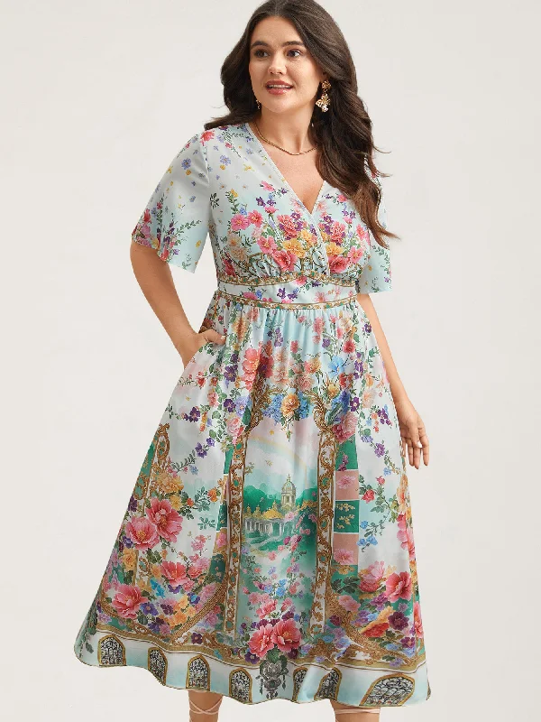 Warm And Comfortable Floral Print Wrap-Neck Flared Sleeve Maxi Dress