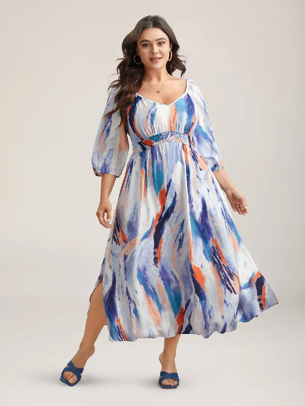 French Retro Abstract Print Waist-Cinched Split Hem Maxi Dress