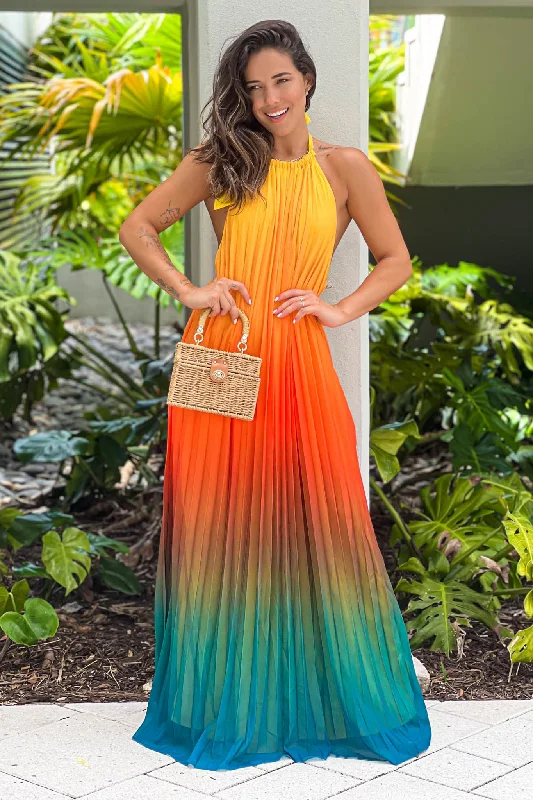 College Style Multi Color Pleated Maxi Dress With Open Back