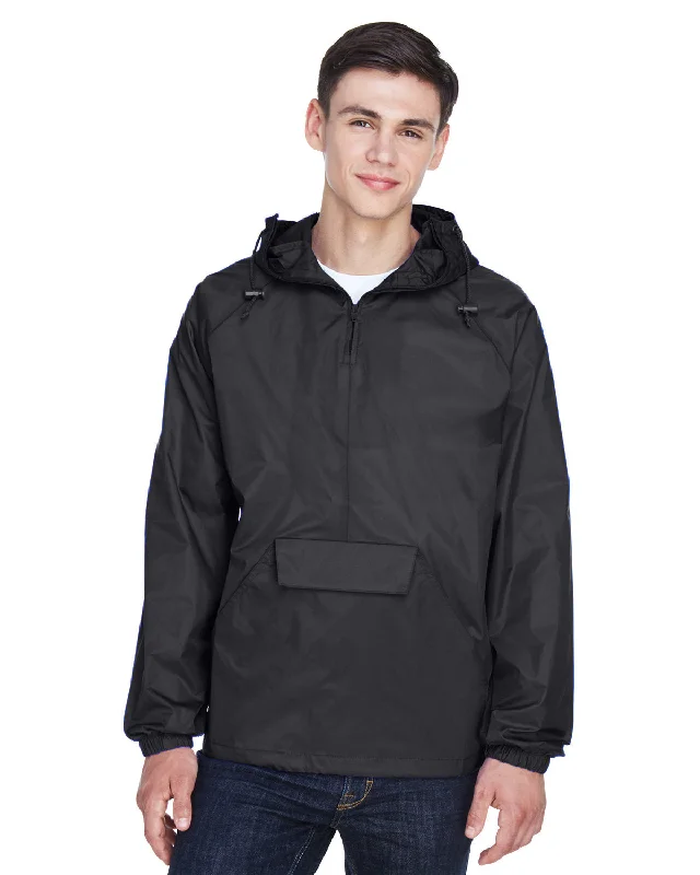 Short Design UltraClub 8925 Adult Quarter-Zip Hooded Pullover Pack-Away Jacket