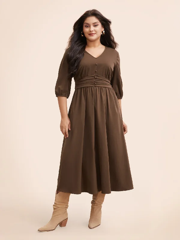 Sports Design V Neck Shirred Ruched Midi Dress
