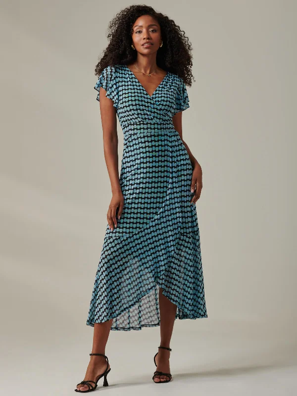 Wearable At Home Or Out Geo Print Ruffle Hem Mesh Maxi Dress, Blue Geo