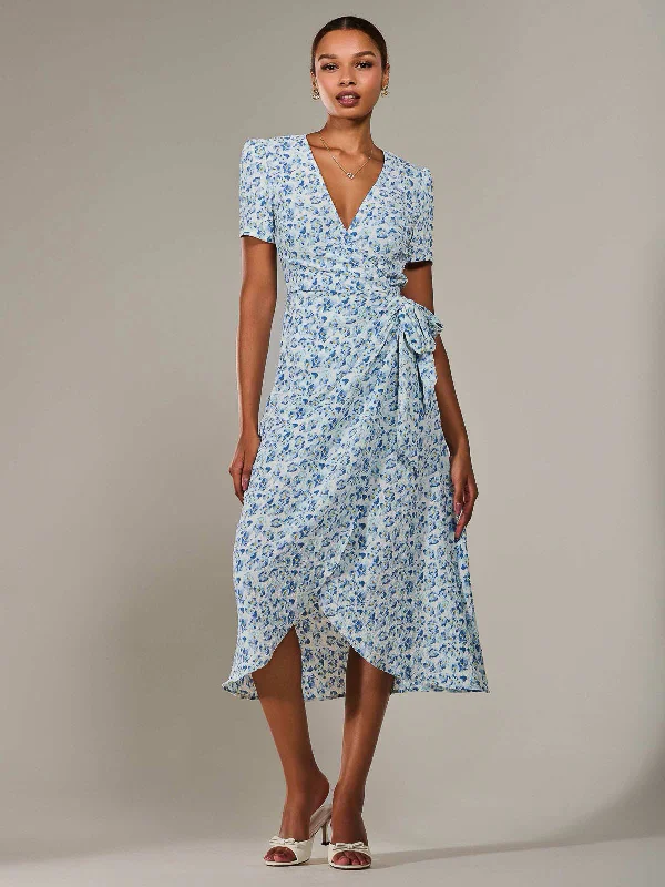 Fashion Style Faux Wrap Midaxi Dress, Blue Floral