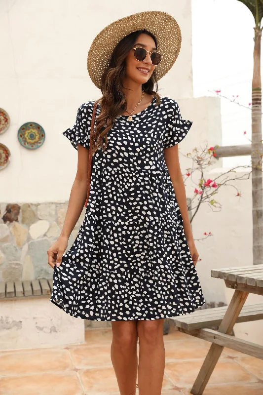 Dessert Matching Brushstrokes Printed Asymmetrical Ruffle Dress