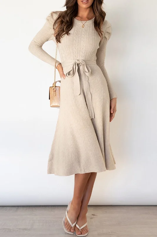 Versatile Items Puff Sleeve Tie-waist Knit Dress