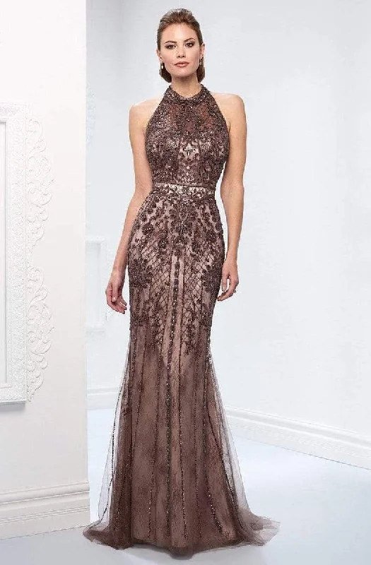 Carefree Style Ivonne D for Mon Cheri - 218D27 Beaded Lace Sheer Halter Fitted Dress