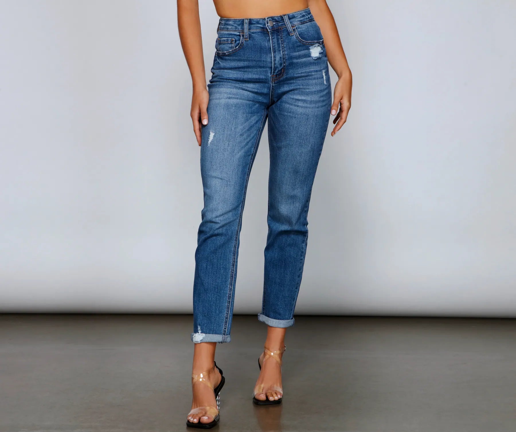 Elegant And Casual Ella High Rise Distressed Mom Jeans