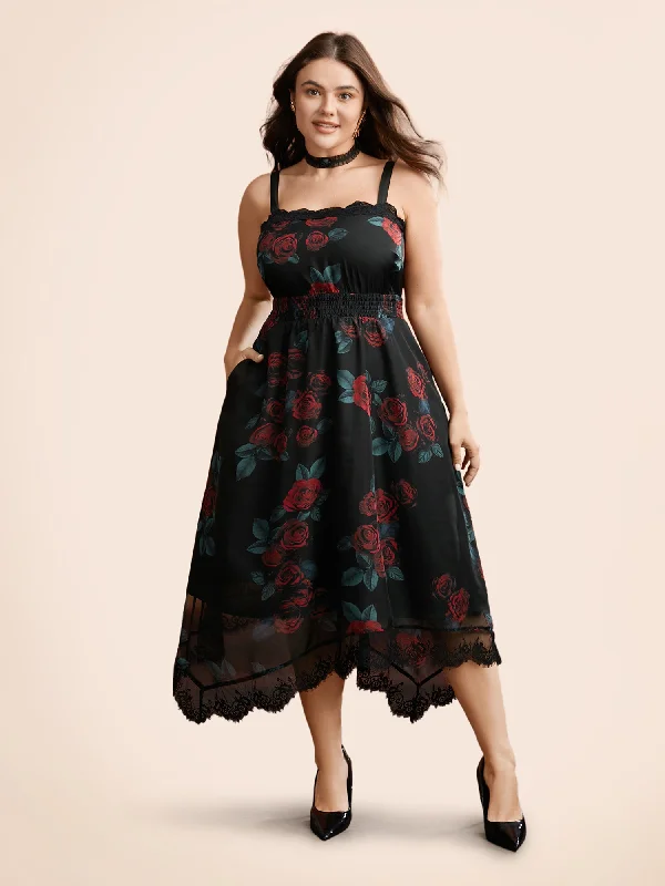 Slightly Flared Design Cami Lace Floral Waist Cinching Midi Dress