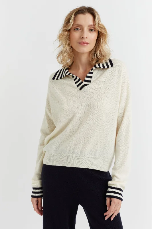 Warm And Comfortable Cream Wool-Cashmere Striped Collar Sweater