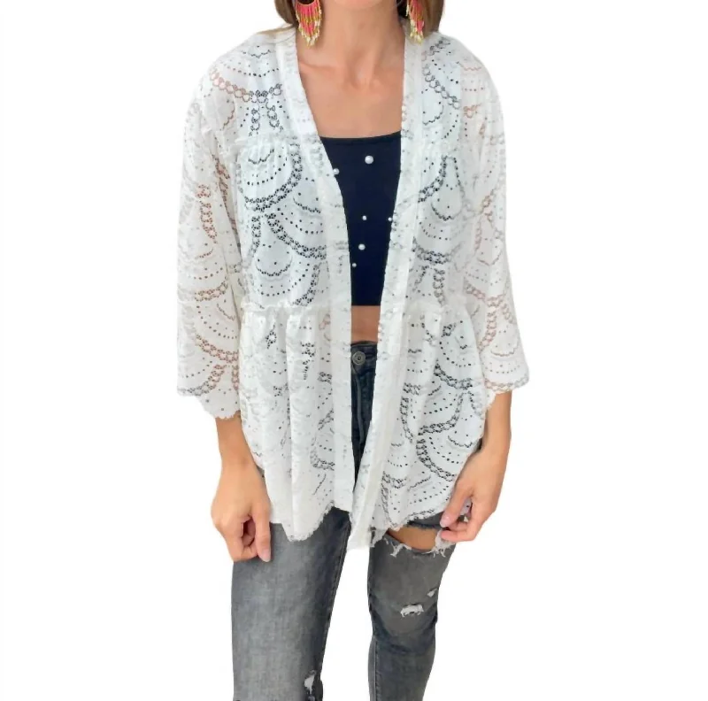 Urban Style Crochet Midi Sleeve Kimono In White