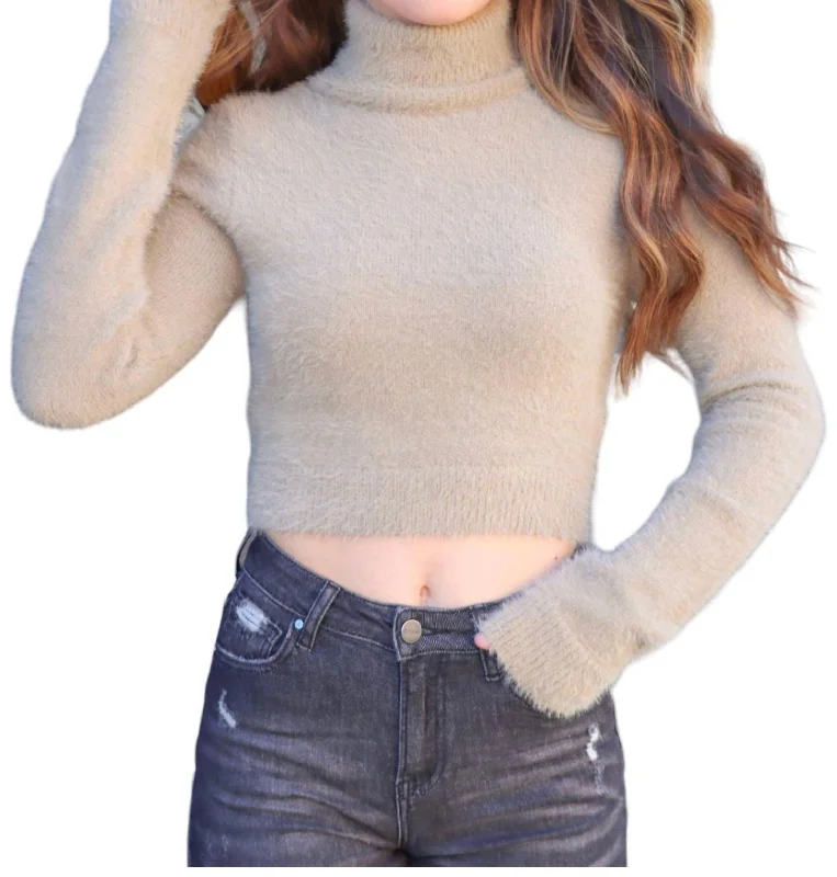 Fashionable And Versatile Fuzzy Knit Sweater In Khaki