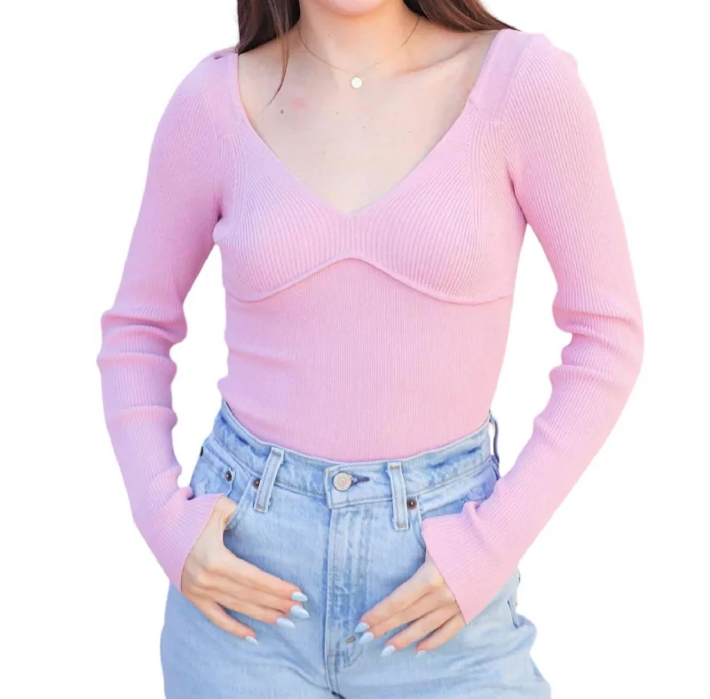 French Retro Ribbed Sweater In Light Pink