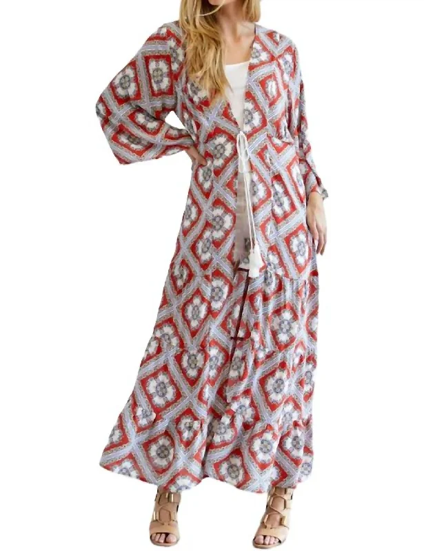 Casual Style Tie Tassel Long Sleeve Loose Kimono In Orange