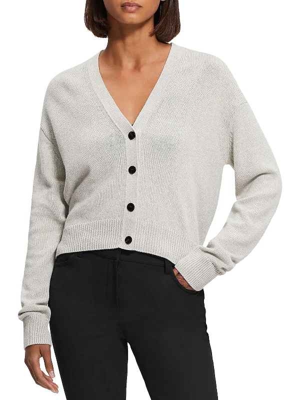 Simple Solid Color Womens Ribbed Trim  Cotton Cardigan Sweater