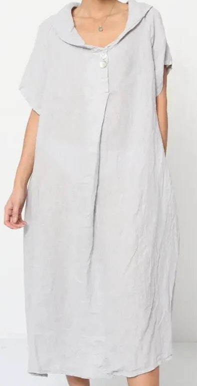 Modern City 2222 Lapel Linen Dress With Button Detail