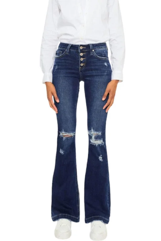 Body Design Alisha Distressed Denim Flare Jeans In Denim Blue
